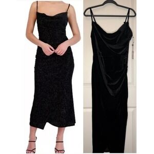 Laundry by Shelli Segal Size 10 NEW Black Velour Slip Dress Cowl Neck Slit $150